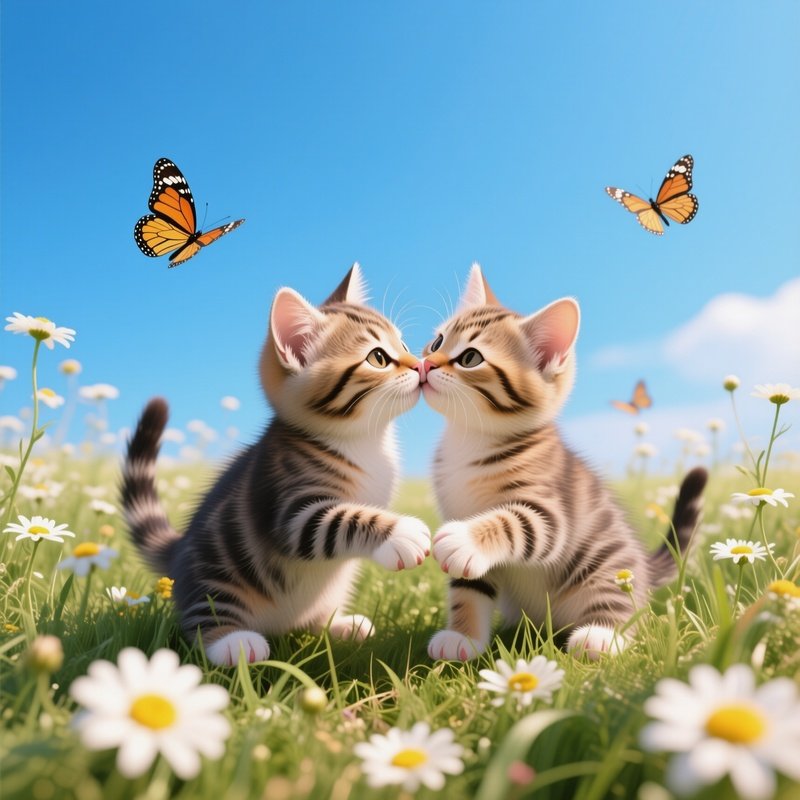 Two Kittens Share A Playful Kiss Amid A Field Of Wild Daisies Under A Clear Blue Sky, Butterflies
