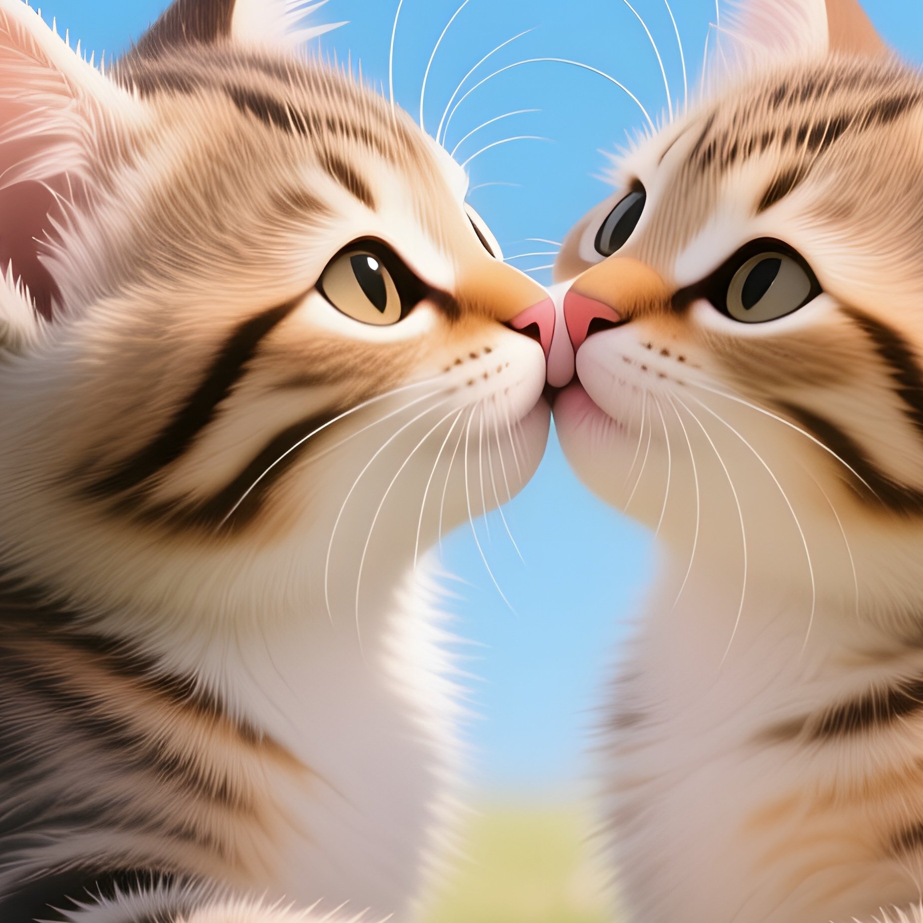 Two Kittens Share A Playful Kiss Amid A Field Of Wild Daisies Under A Clear Blue Sky, Butterflies - Full Resolution Quality Preview