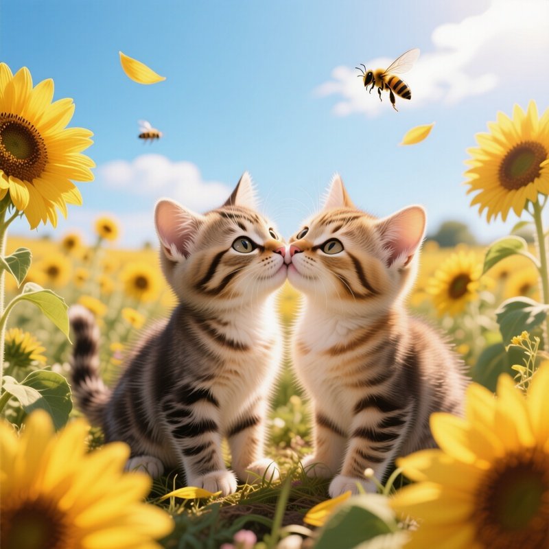 Two Kittens Share An Affectionate Kiss Amid A Field Of Sunflowers Under A Bright Summer Sky, Petals