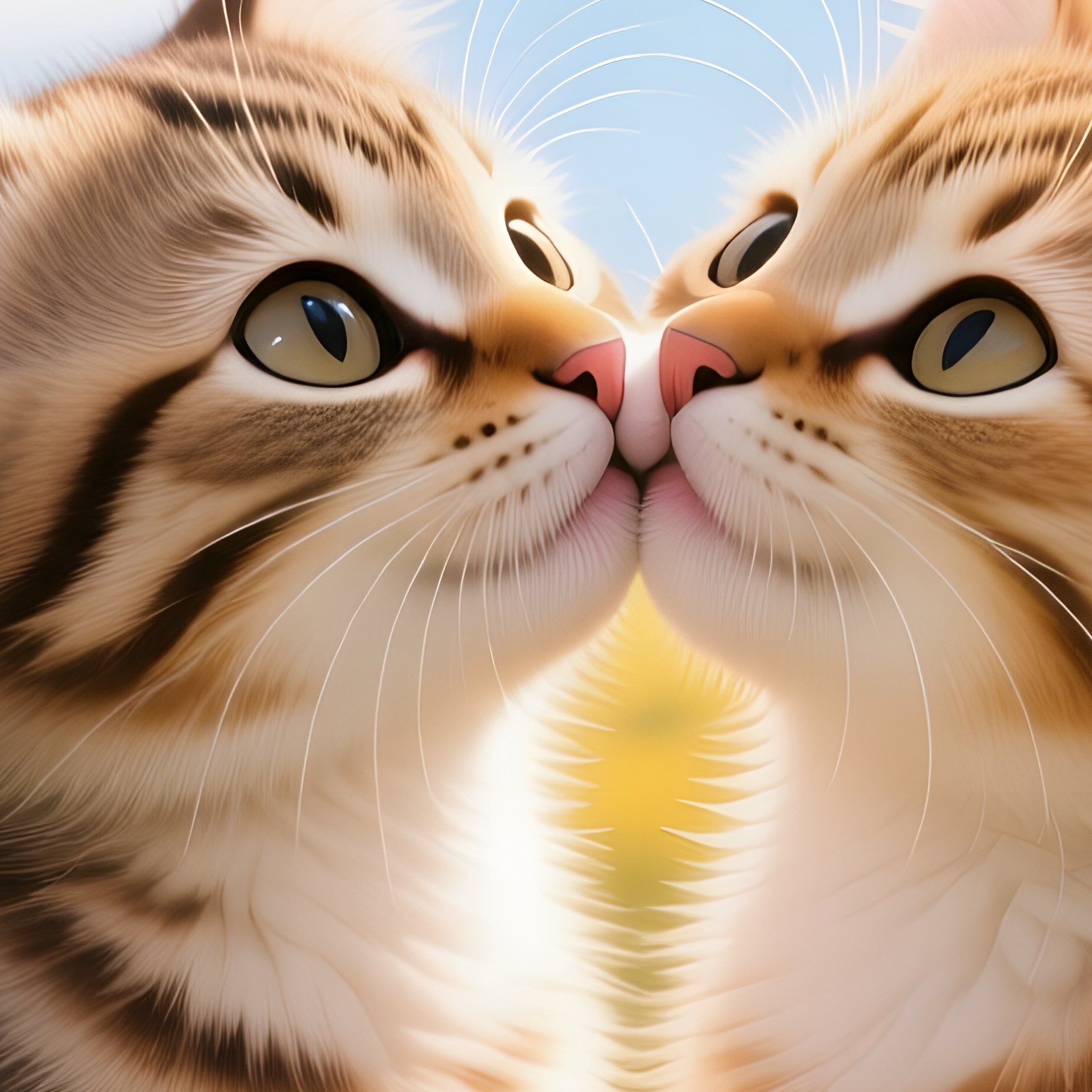 Two Kittens Share An Affectionate Kiss Amid A Field Of Sunflowers Under A Bright Summer Sky, Petals - Full Resolution Quality Preview