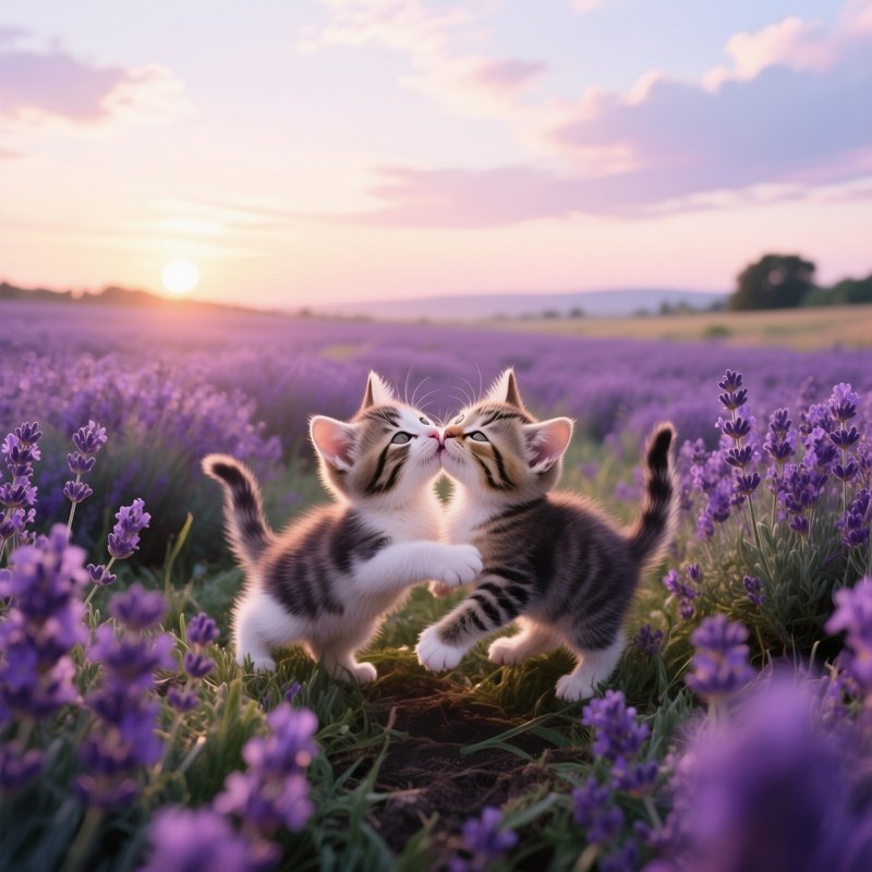 Two Kittens Tumble And Kiss Playfully Amidst A Field Of Lavender At Sunrise, The Violet Blooms
