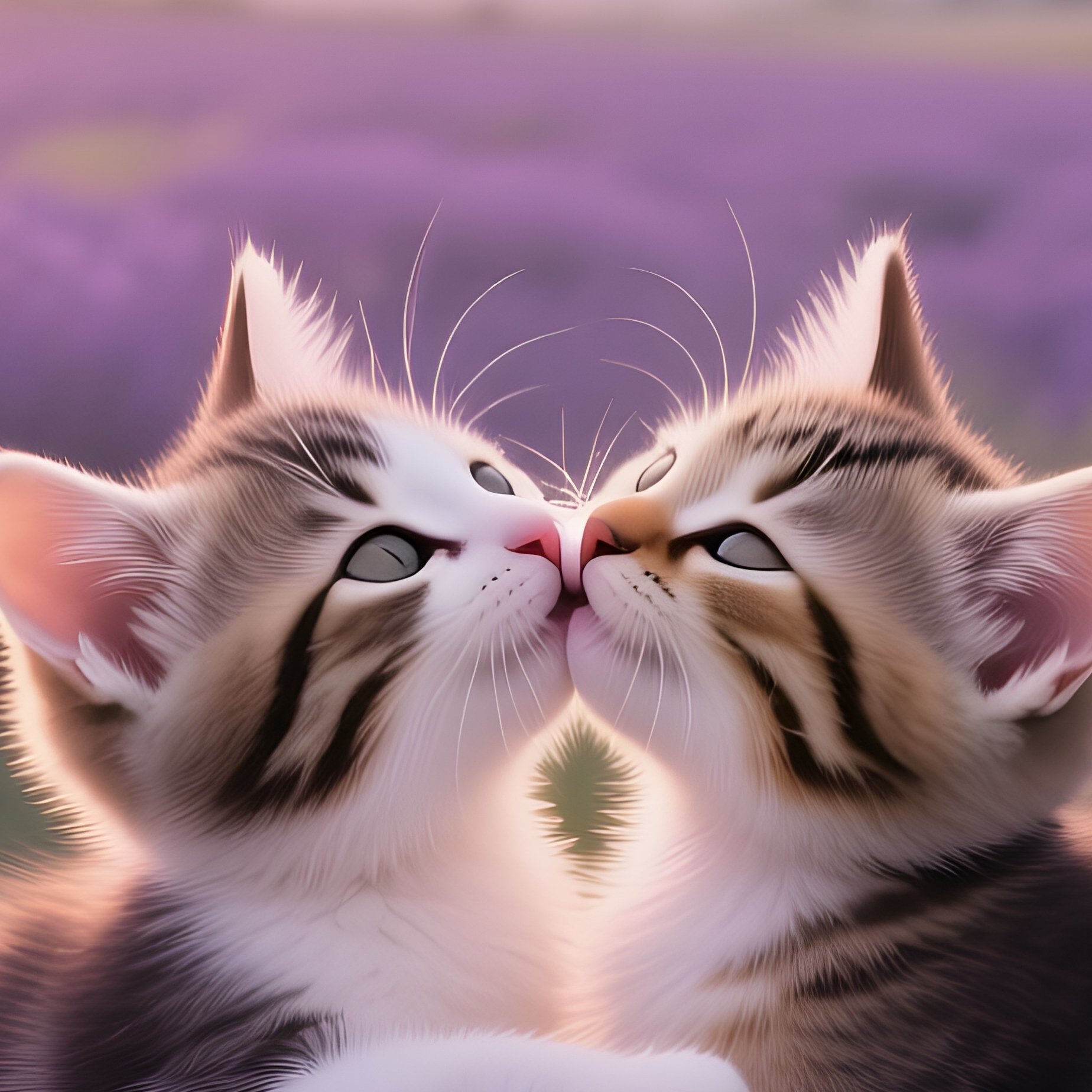 Two Kittens Tumble And Kiss Playfully Amidst A Field Of Lavender At Sunrise, The Violet Blooms - Full Resolution Quality Preview