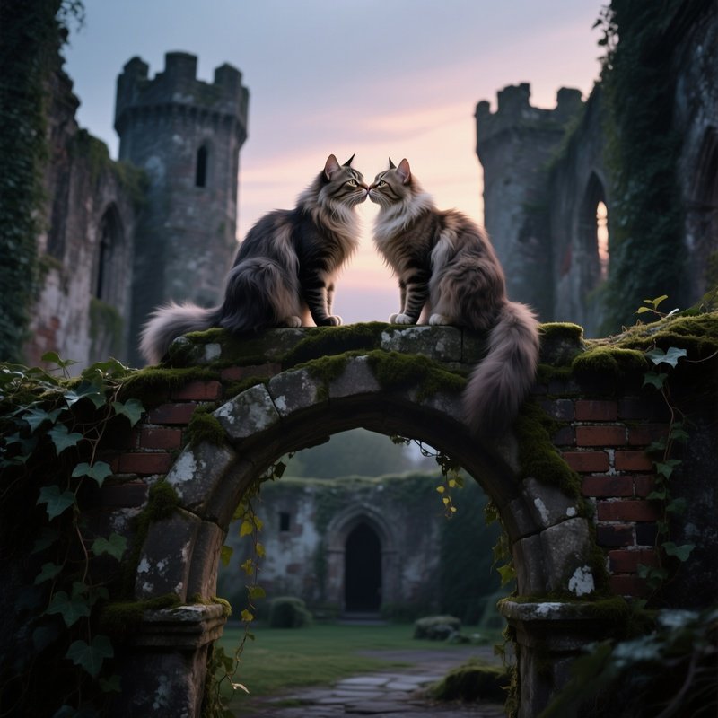 Two Long‑Haired Cats Press Noses For A Kiss Atop An Ancient Stone Archway In A Ruined Castle