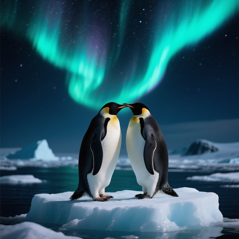 Two Love‑Struck Penguins Waddle Together, Beaks Touching For A Tender Kiss On An Iceberg With