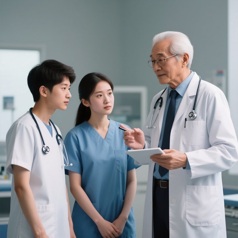 Two Medical Students Observing A Senior Doctor’S Instructions
