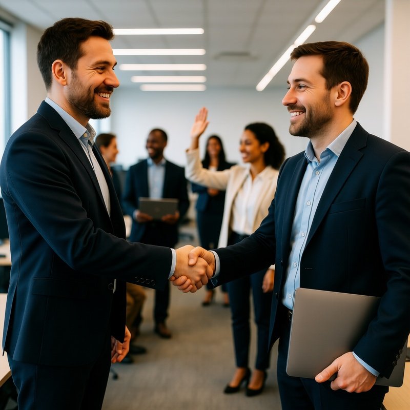 Two Men Shaking Hands In An Office Setting Office Collaboration