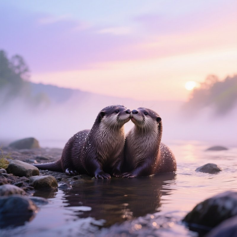 Two Otters Cuddle Kiss On Rocky Riverbank At Dawn