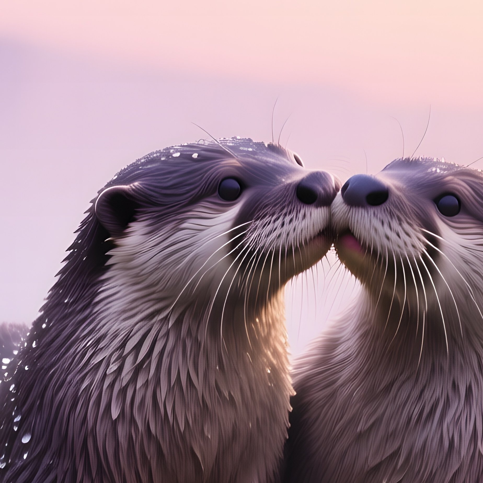 Two Otters Cuddle Kiss On Rocky Riverbank At Dawn - Full Resolution Quality Preview
