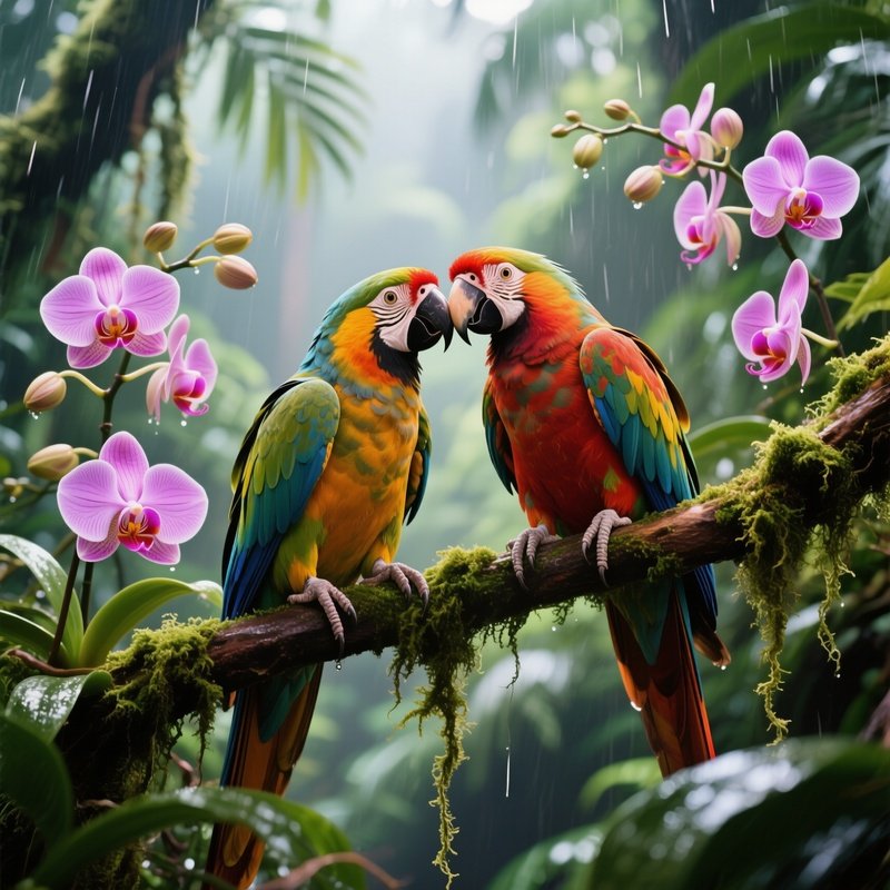 Two Parrots Perched On Tropical Vines Share A Vibrant Kiss Amid Blooming Orchids And Dripping Moss