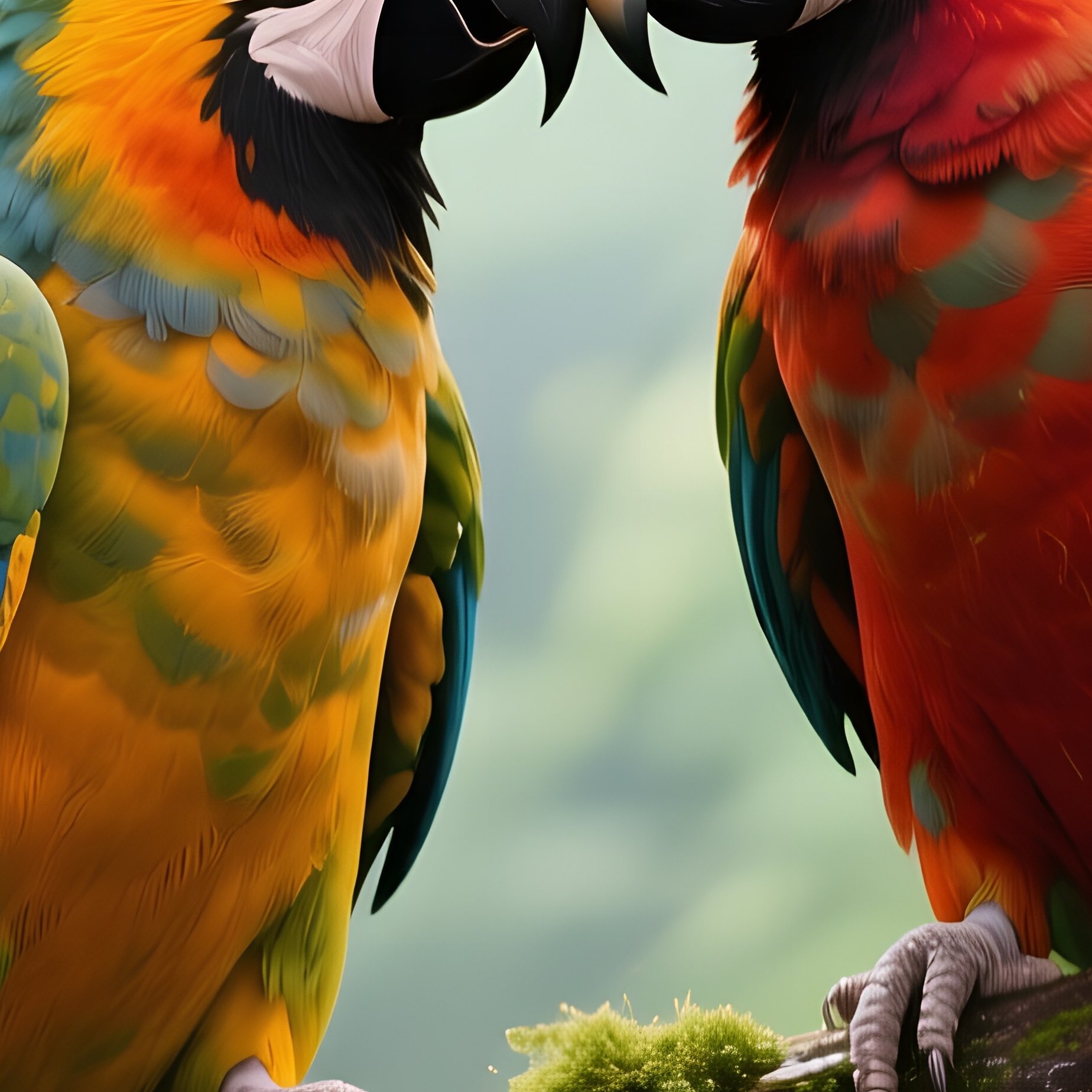 Two Parrots Perched On Tropical Vines Share A Vibrant Kiss Amid Blooming Orchids And Dripping Moss - Full Resolution Quality Preview