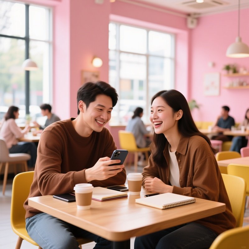 Two People Interacting Over A Smartphone In A Cafe Cafe
