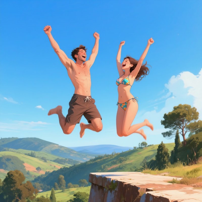 Two People Jumping Joyfully Jumping Joy