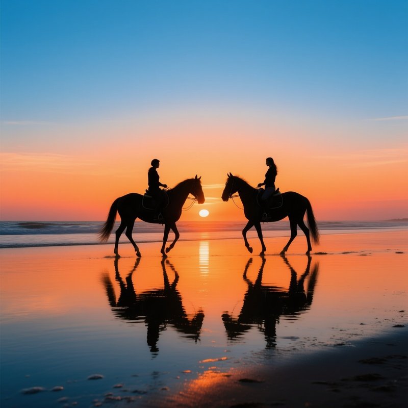 Two People Riding Horses On A Beach At Sunset Sunset Beach