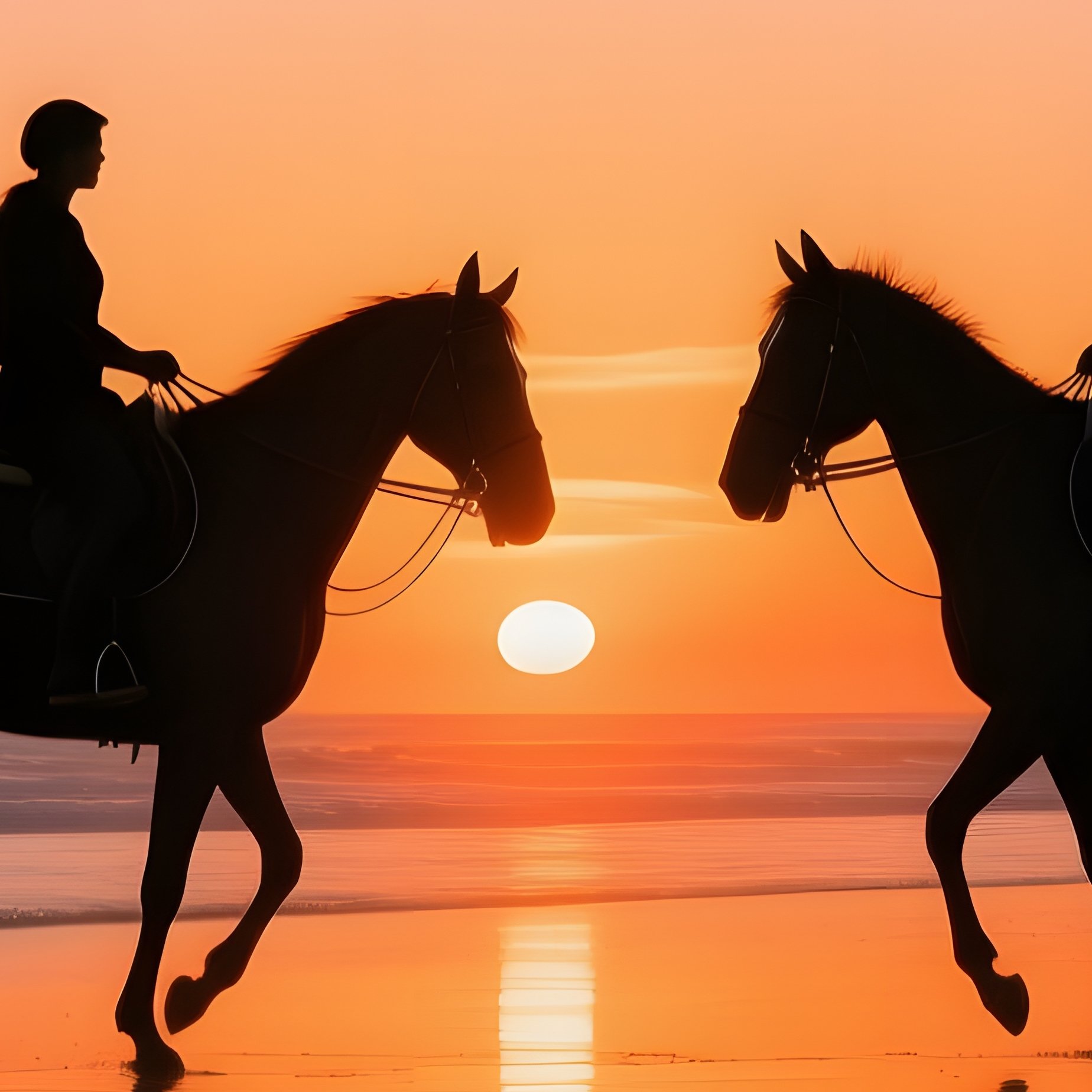 Two People Riding Horses On A Beach At Sunset Sunset Beach - Full Resolution Quality Preview
