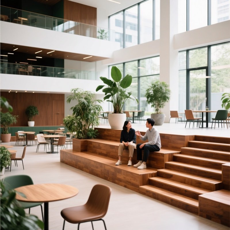 Two People Sitting On Wooden Steps In A Modern Building Interior