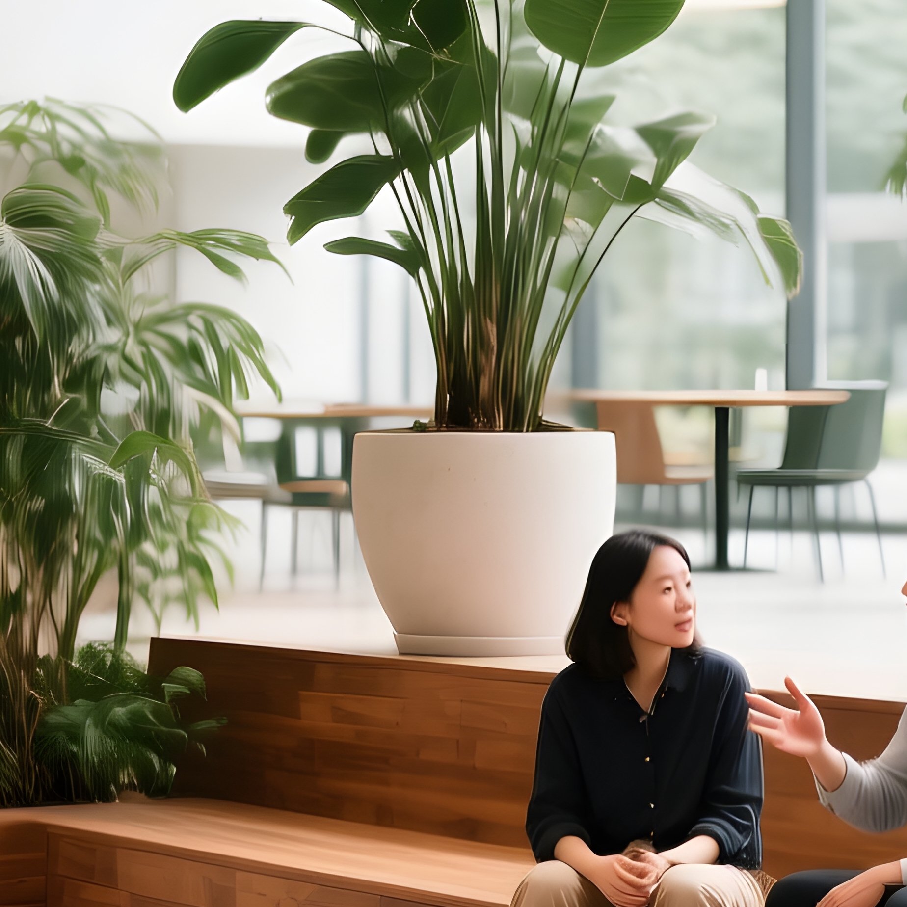 Two People Sitting On Wooden Steps In A Modern Building Interior - Full Resolution Quality Preview