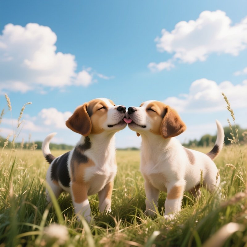 Two Playful Puppies Share An Enthusiastic Kiss In A Field Of Tall Grass Under A Bright Summer Sky