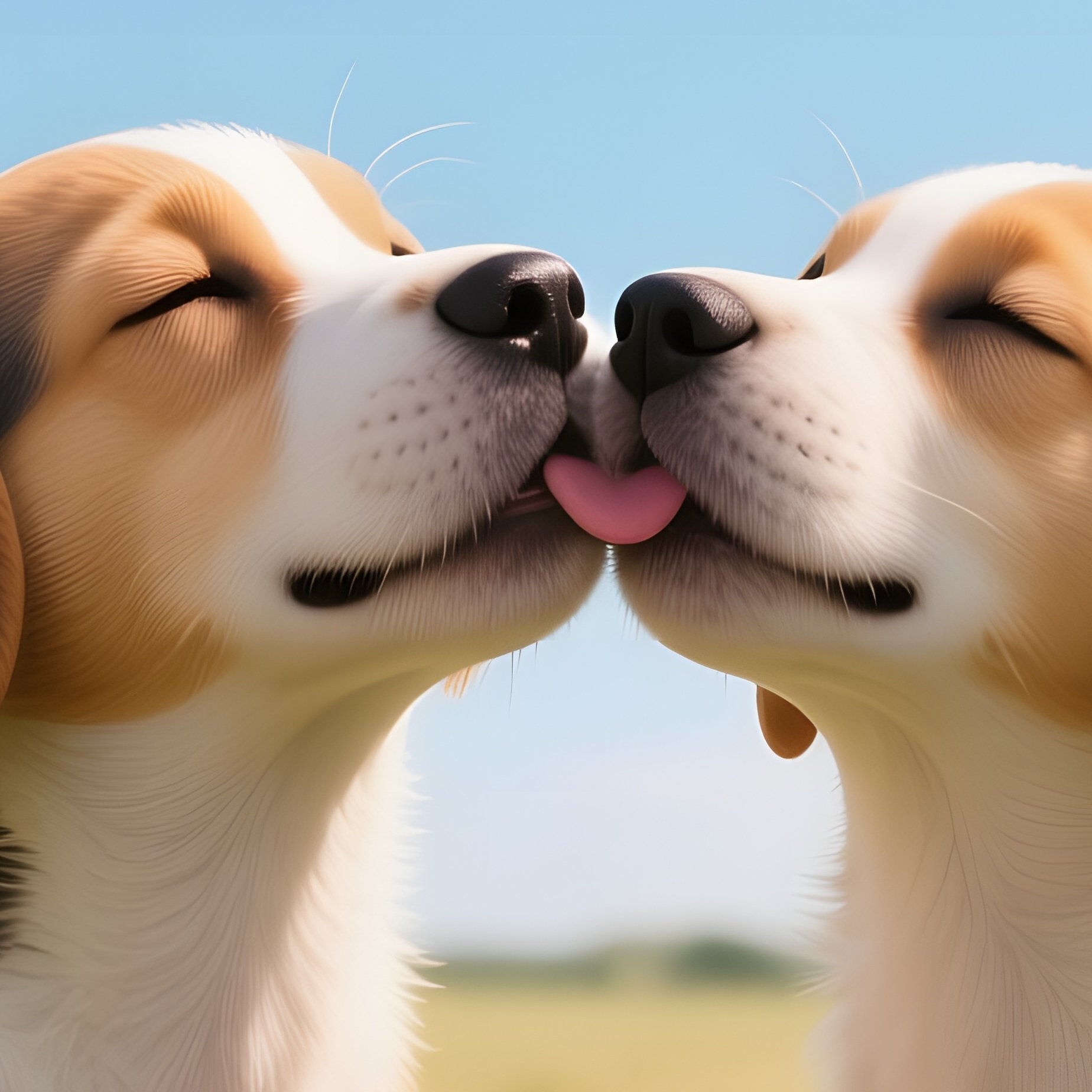 Two Playful Puppies Share An Enthusiastic Kiss In A Field Of Tall Grass Under A Bright Summer Sky - Full Resolution Quality Preview