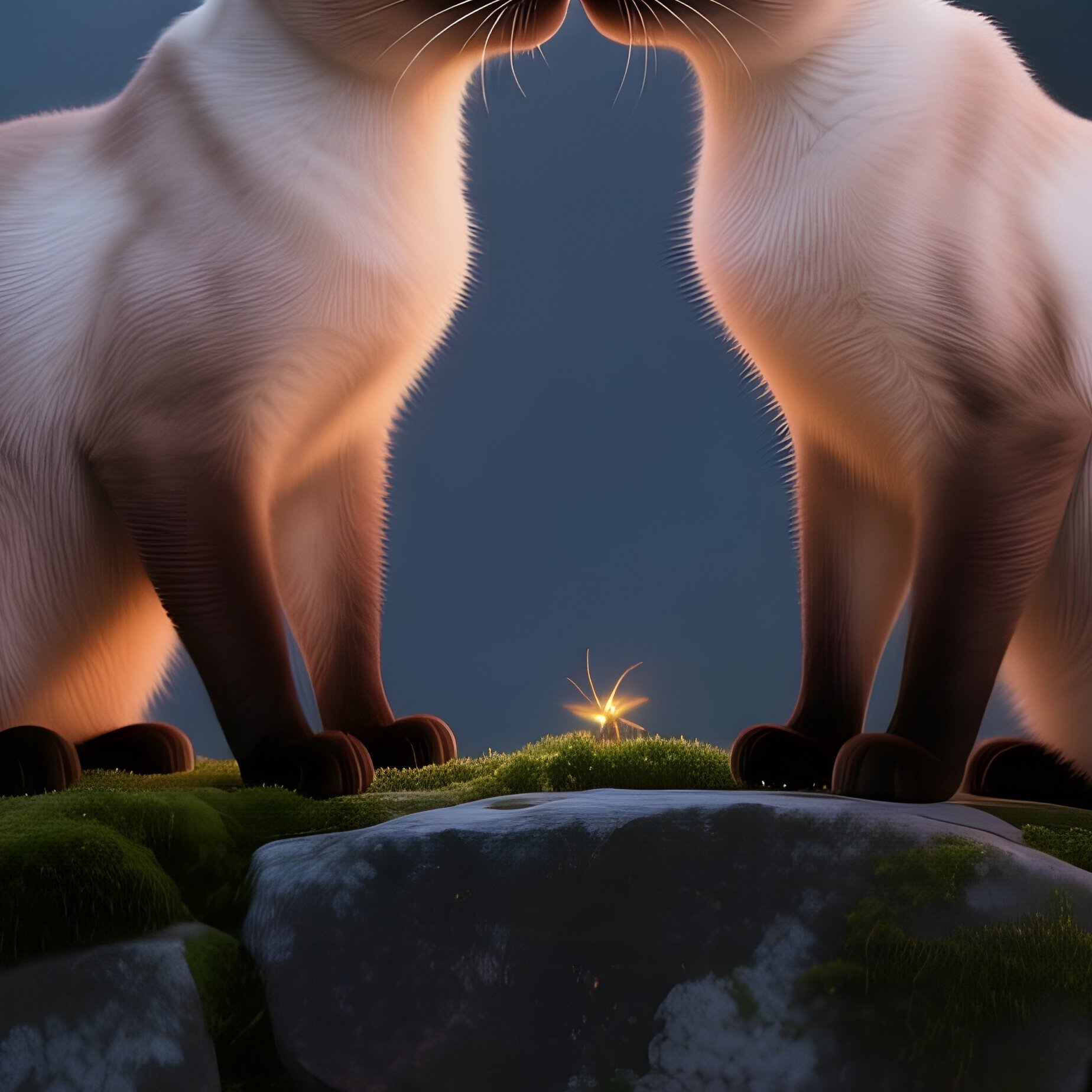 Two Siamese Cats Press Their Noses Together In A Soft Kiss Atop A Mossy Stone Bridge At Twilight, - Full Resolution Quality Preview