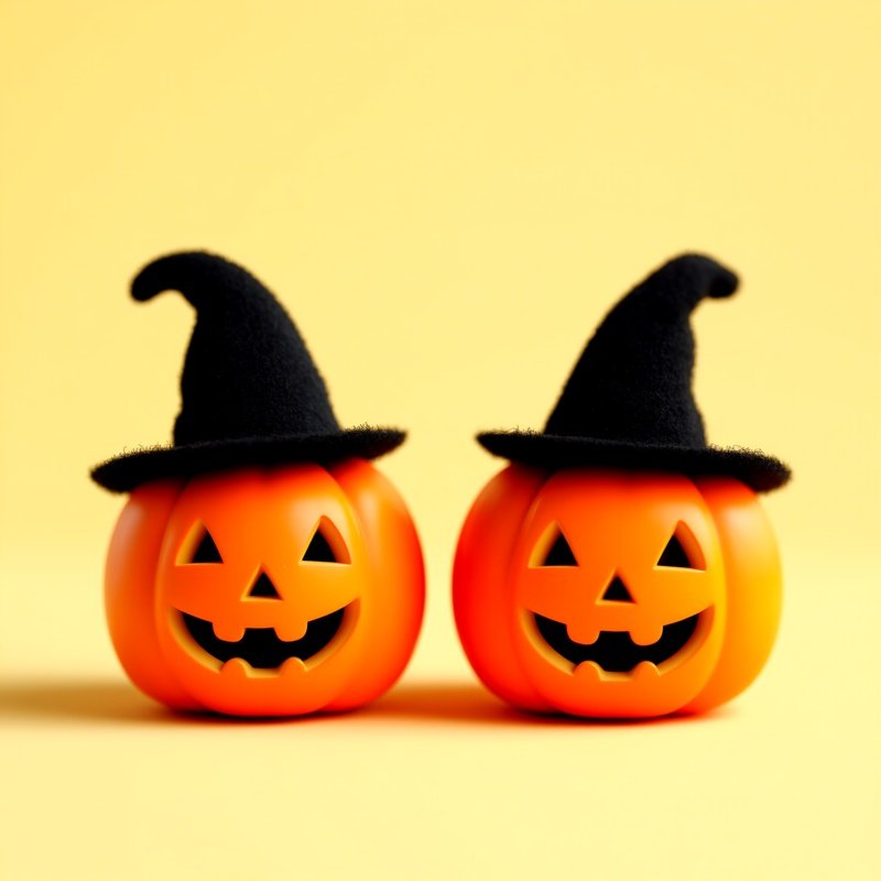 Two Small Pumpkins Wearing Witch Hats Halloween Pumpkin