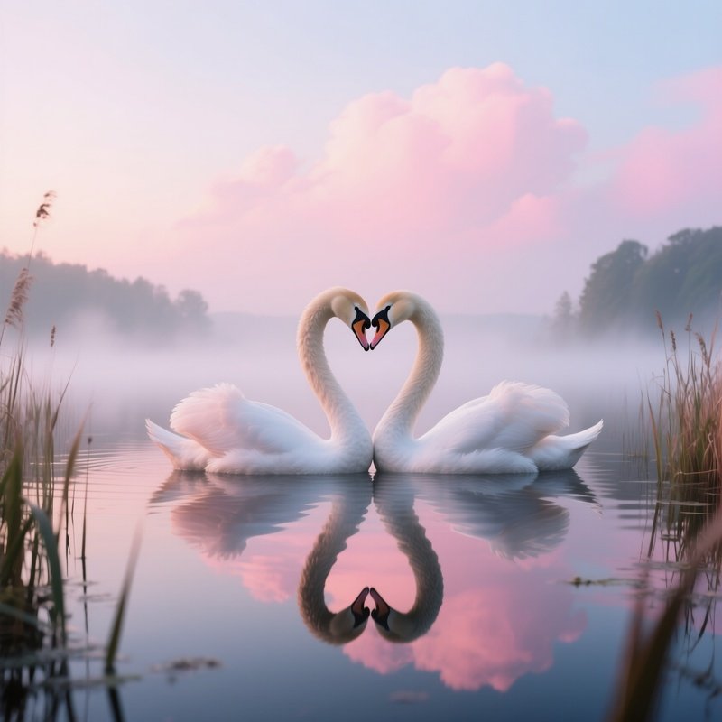 Two Swans Entwine Their Necks In A Tender Kiss Atop A Misty Lake At Dawn, Pastel Pink Clouds