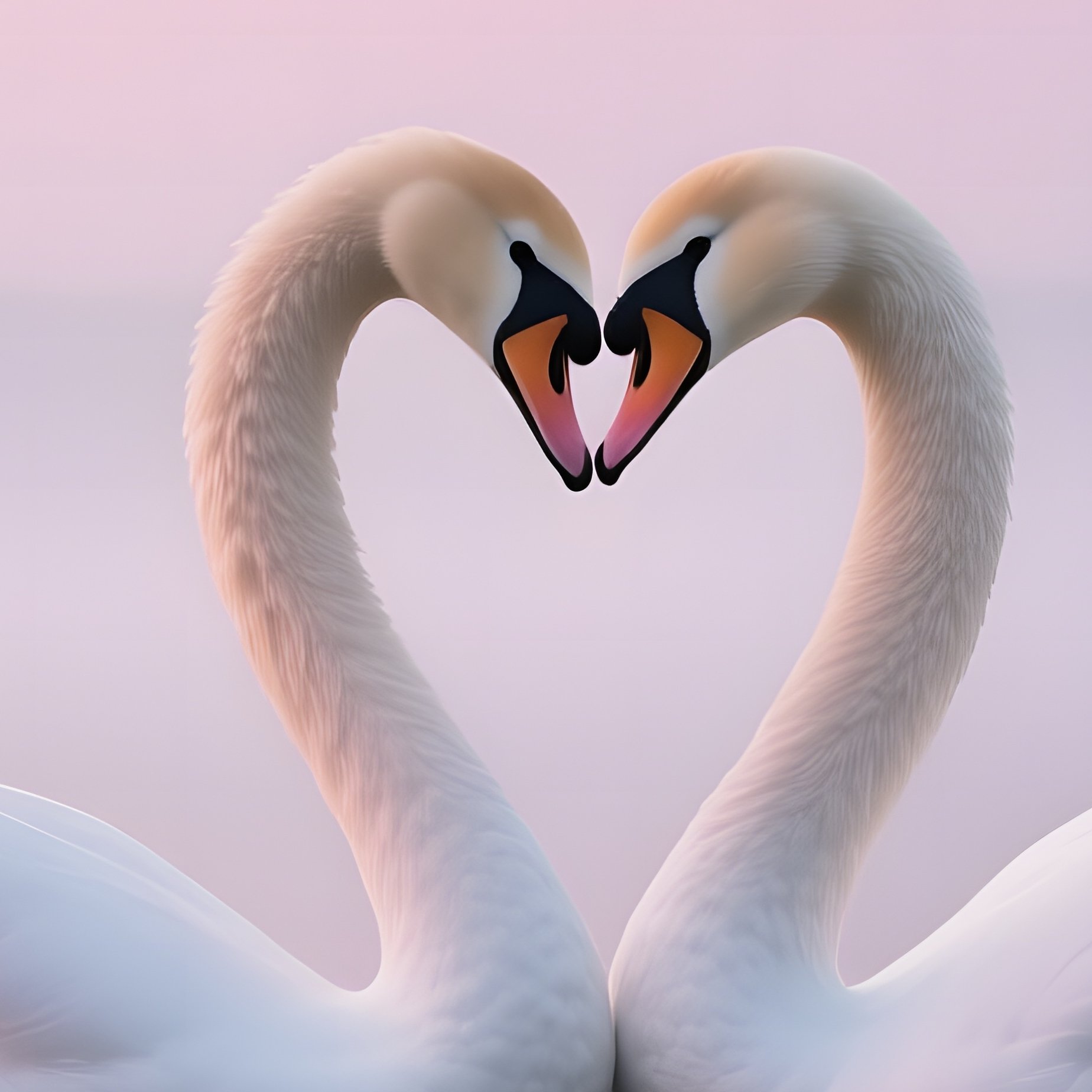 Two Swans Entwine Their Necks In A Tender Kiss Atop A Misty Lake At Dawn, Pastel Pink Clouds - Full Resolution Quality Preview