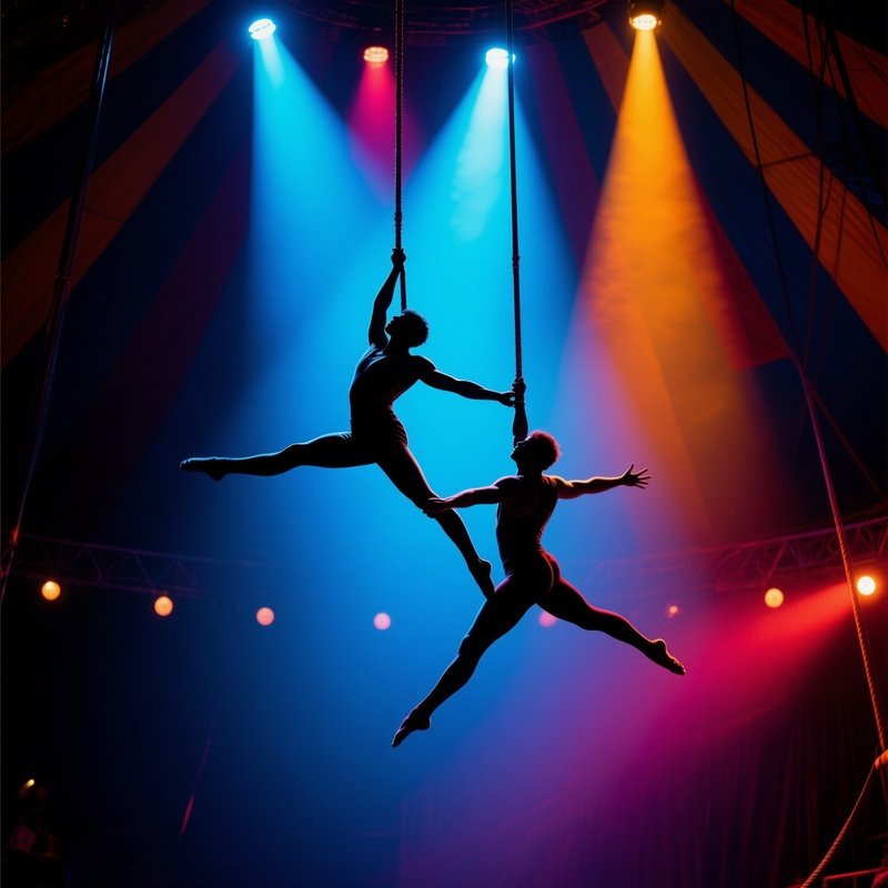 Two Trapeze Artists Flying Toward Each Other Under Bright Stage Beams