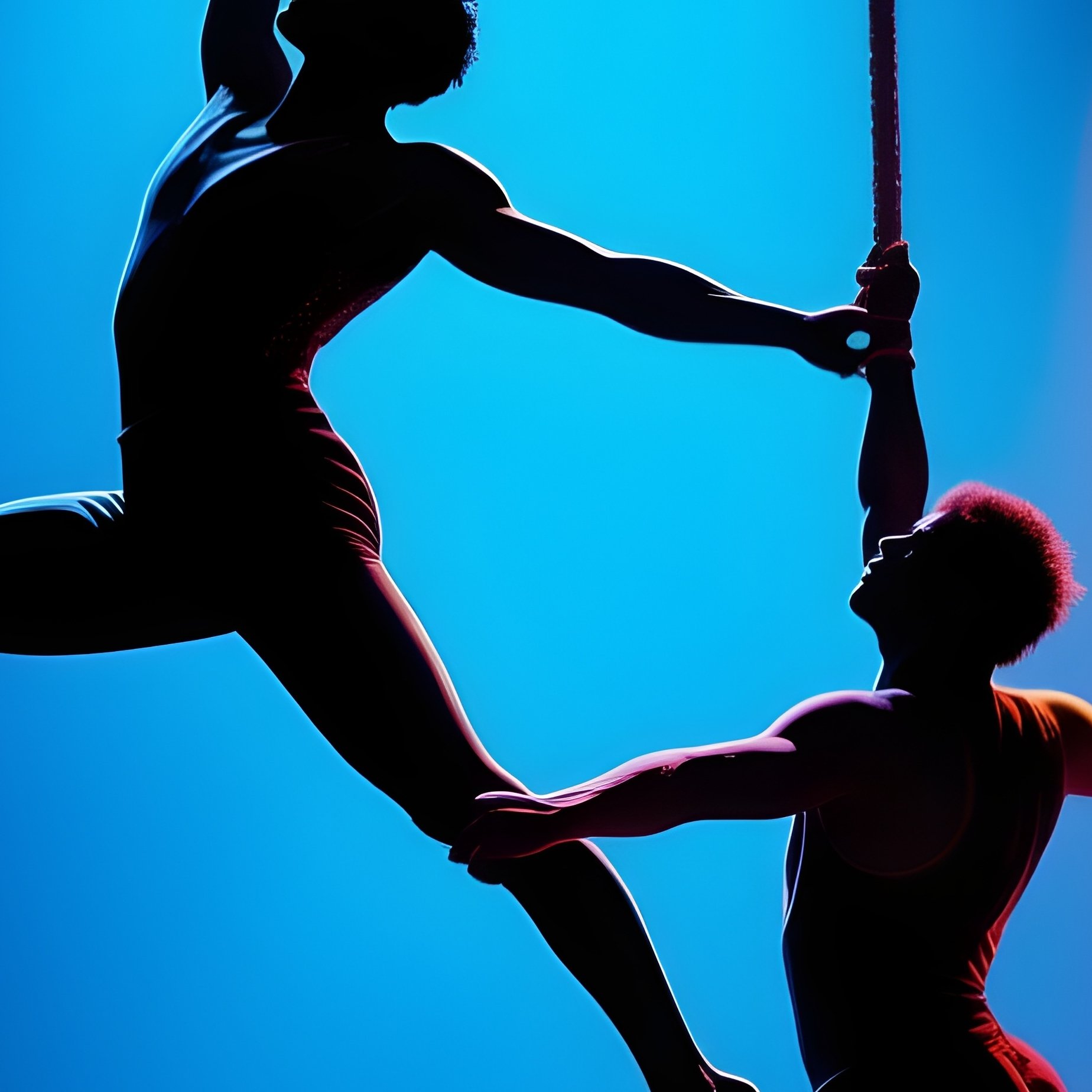Two Trapeze Artists Flying Toward Each Other Under Bright Stage Beams - Full Resolution Quality Preview