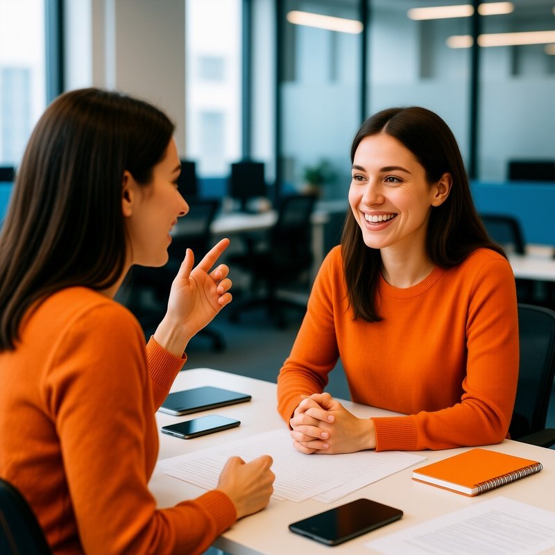 Two Women Engaged In A Conversation Conversation Office