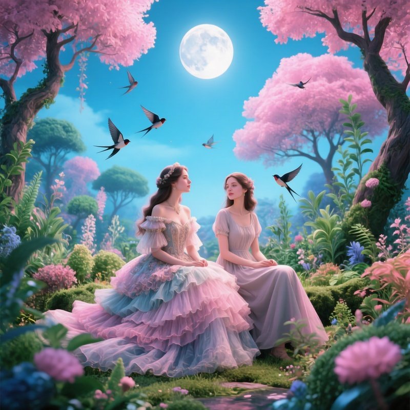 Two Women In A Whimsical Garden Setting Women Garden