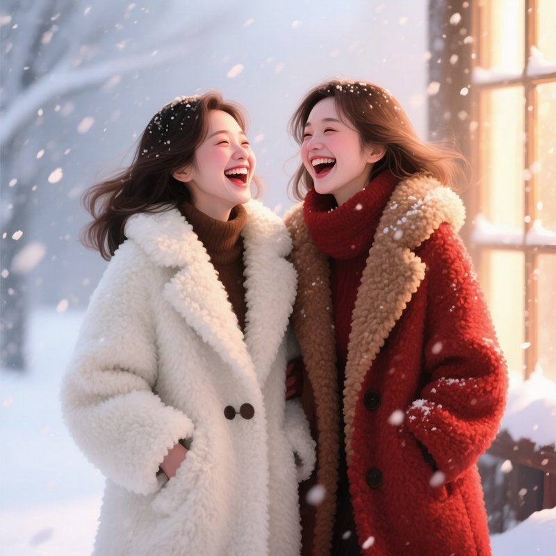 Two Women In Wool Coats Under Snow Digital Art