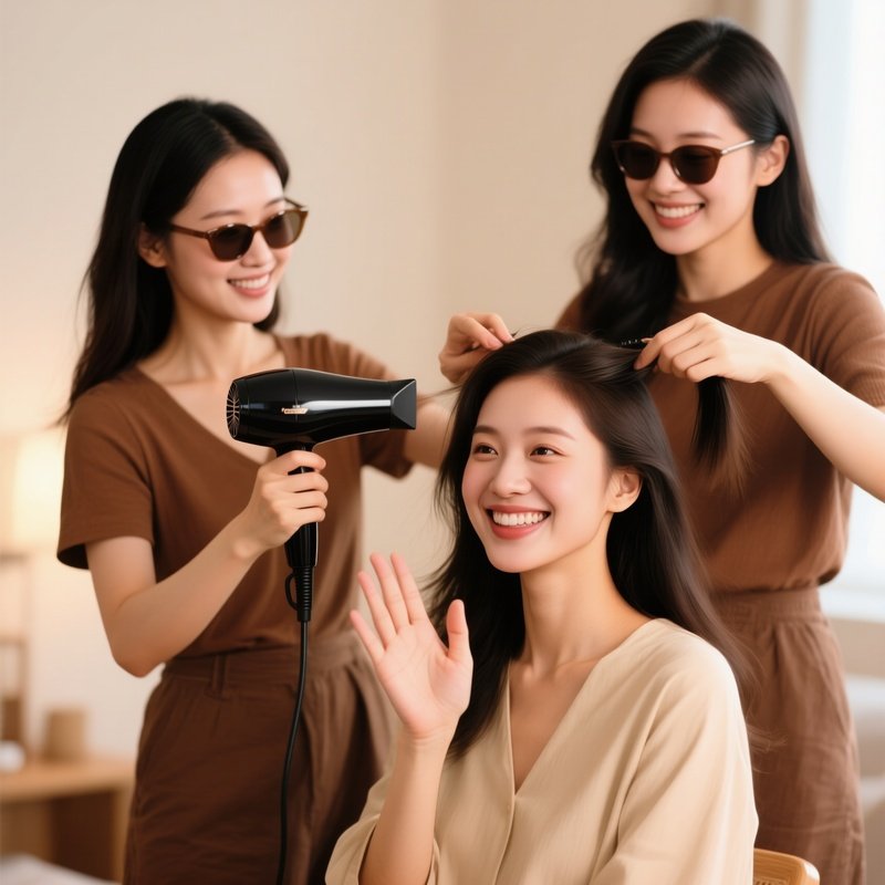 Two Women Interacting While One Gets Her Hair Styled Women Hair