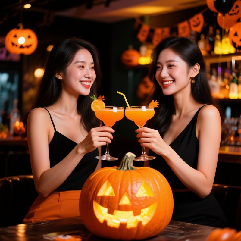 Two Women Toasting Drinks In A Halloween Themed Setting Halloween