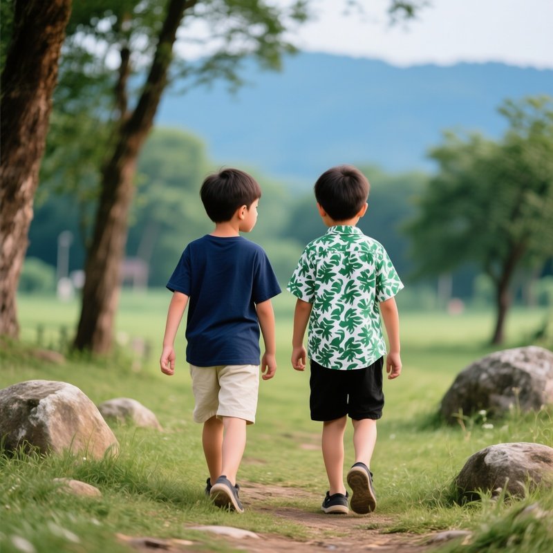 Two Young Boys Walking Outdoors Children Outdoor