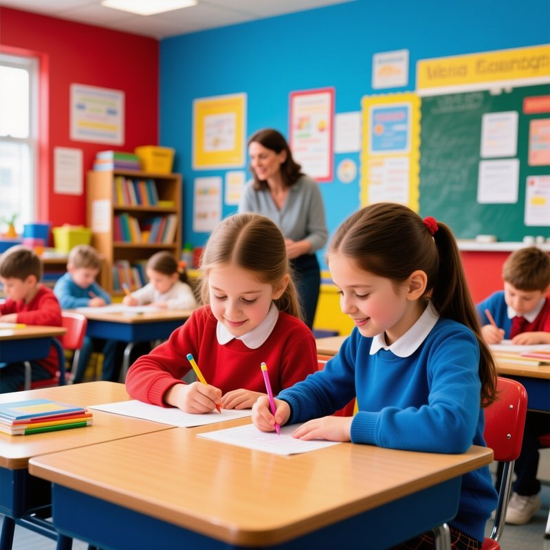 Two Young Students Collaborating On A Task In A Classroom