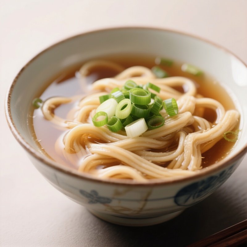 Udon Noodle Soup With Thick Wheat Noodles In Light Dashi Broth, Garnished With Green Onions