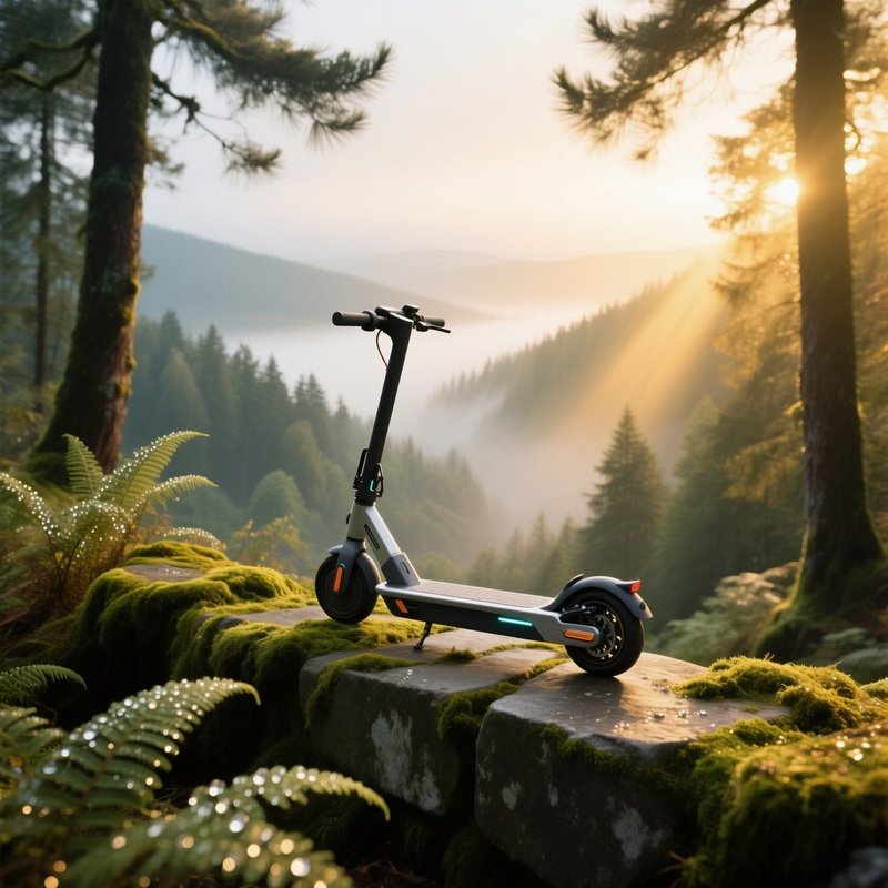 Ultra Modern Folding Scooter On Mossy Ledge Overlooking Foggy Forest Valley At Dawn