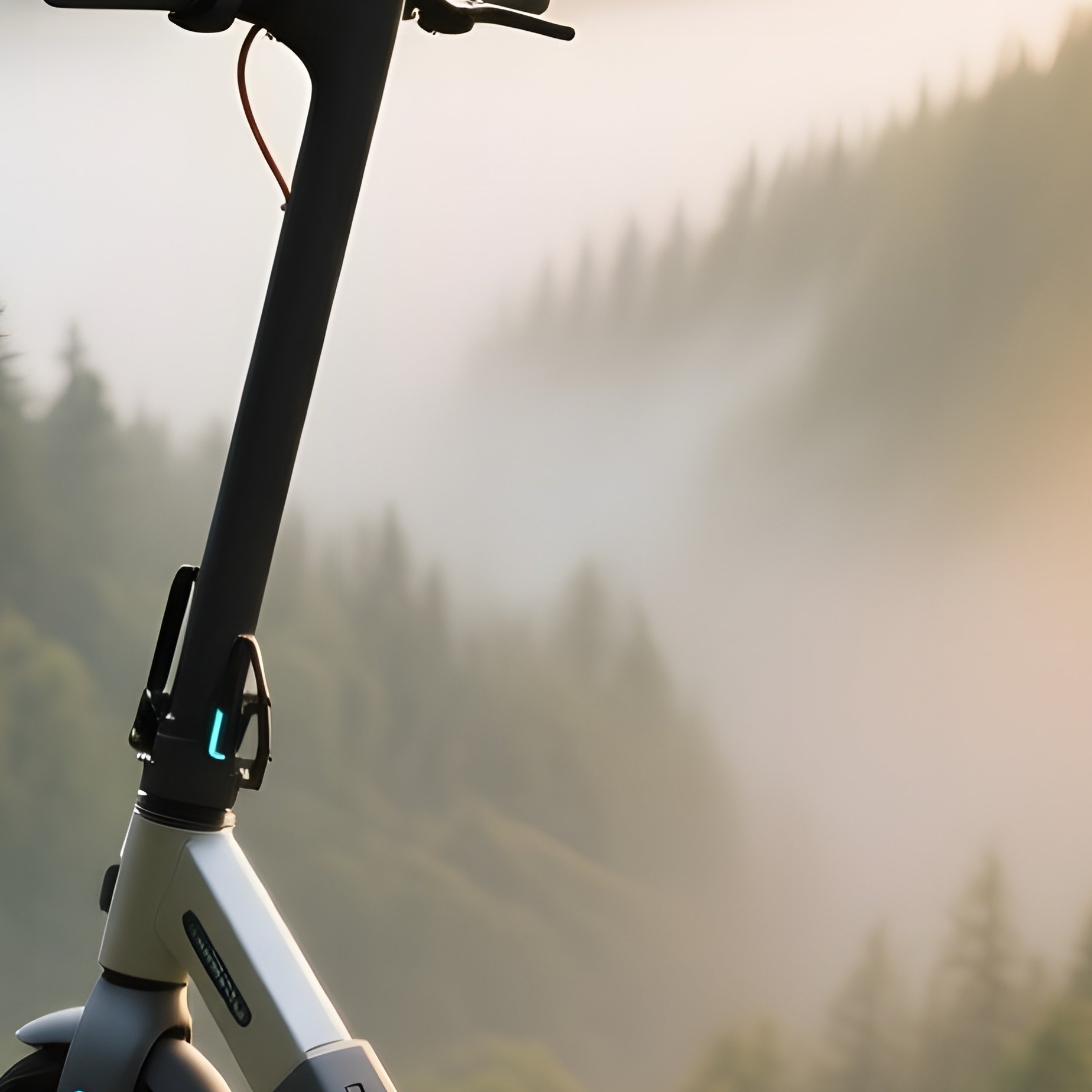 Ultra Modern Folding Scooter On Mossy Ledge Overlooking Foggy Forest Valley At Dawn - Full Resolution Quality Preview