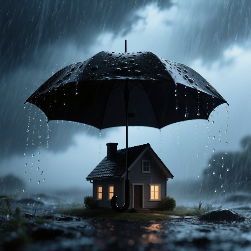 Umbrella Shielding House From Rain Symbolizing Insurance Protection