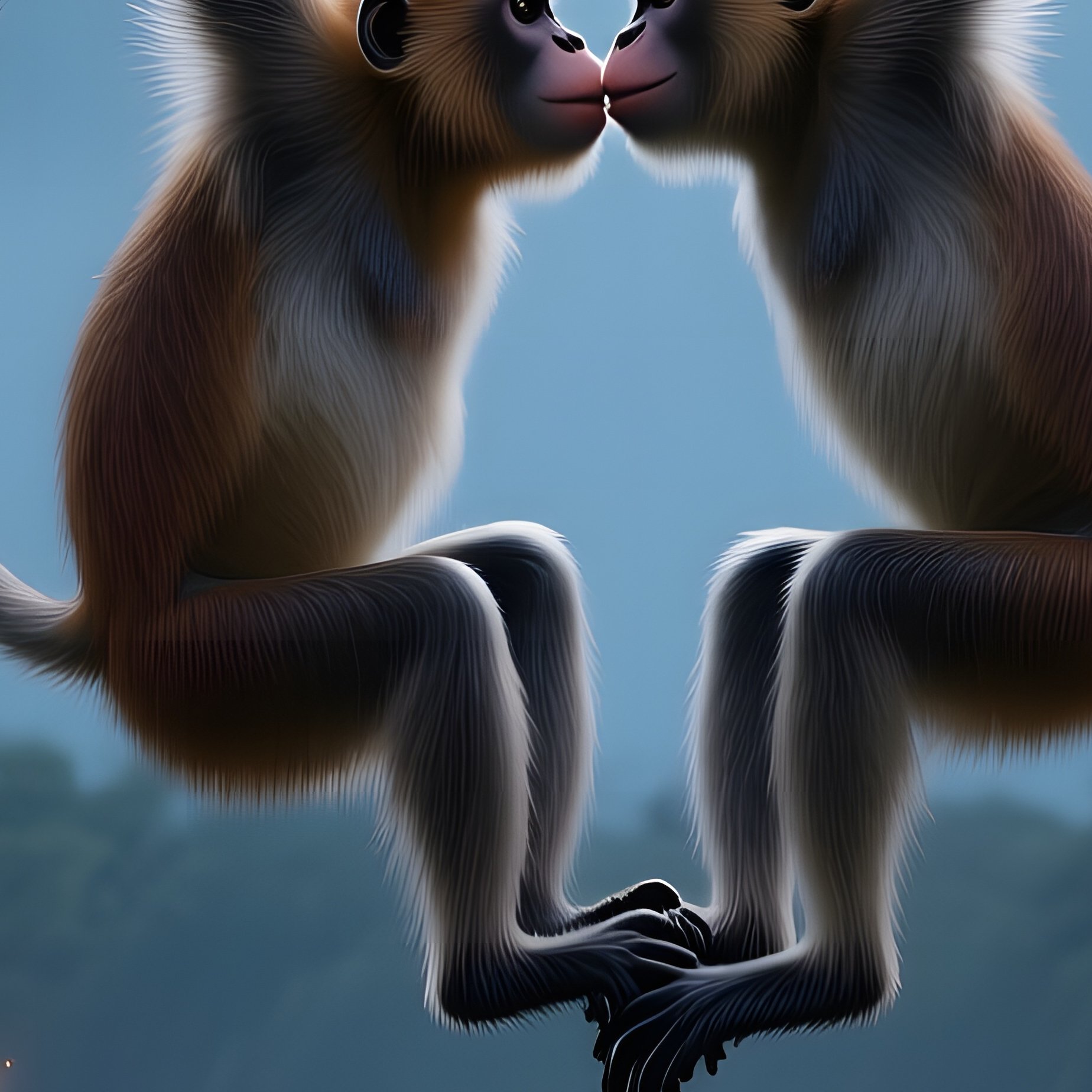 Under A Full Moon In A Mangrove Swamp, Two Proboscis Monkeys Swing Together On Tangled Roots And - Full Resolution Quality Preview