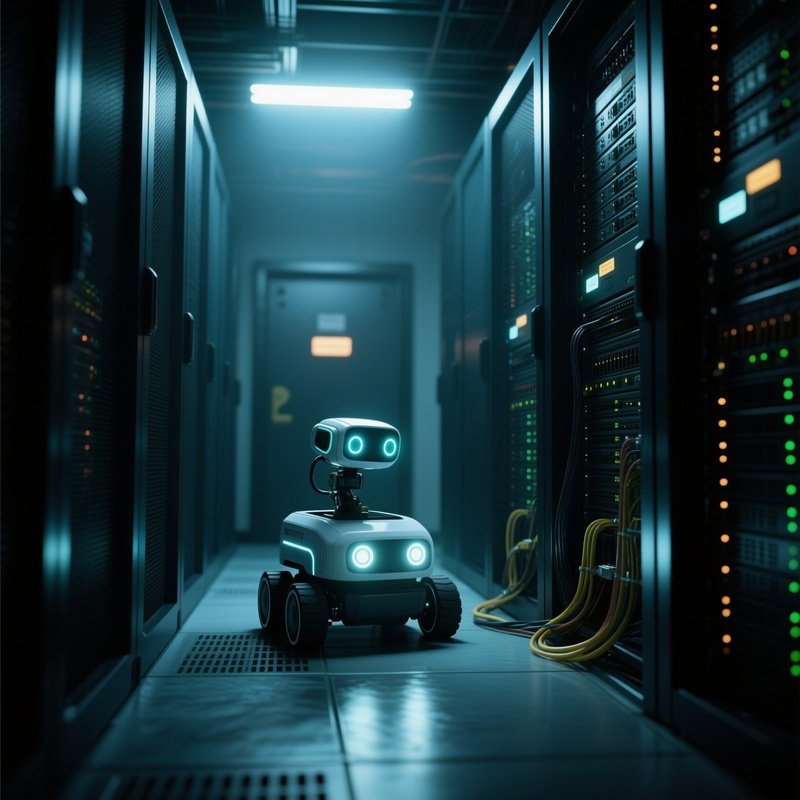 Under The Stark Illumination Of Emergency Lights During A Power Outage, A Compact Utility Robot