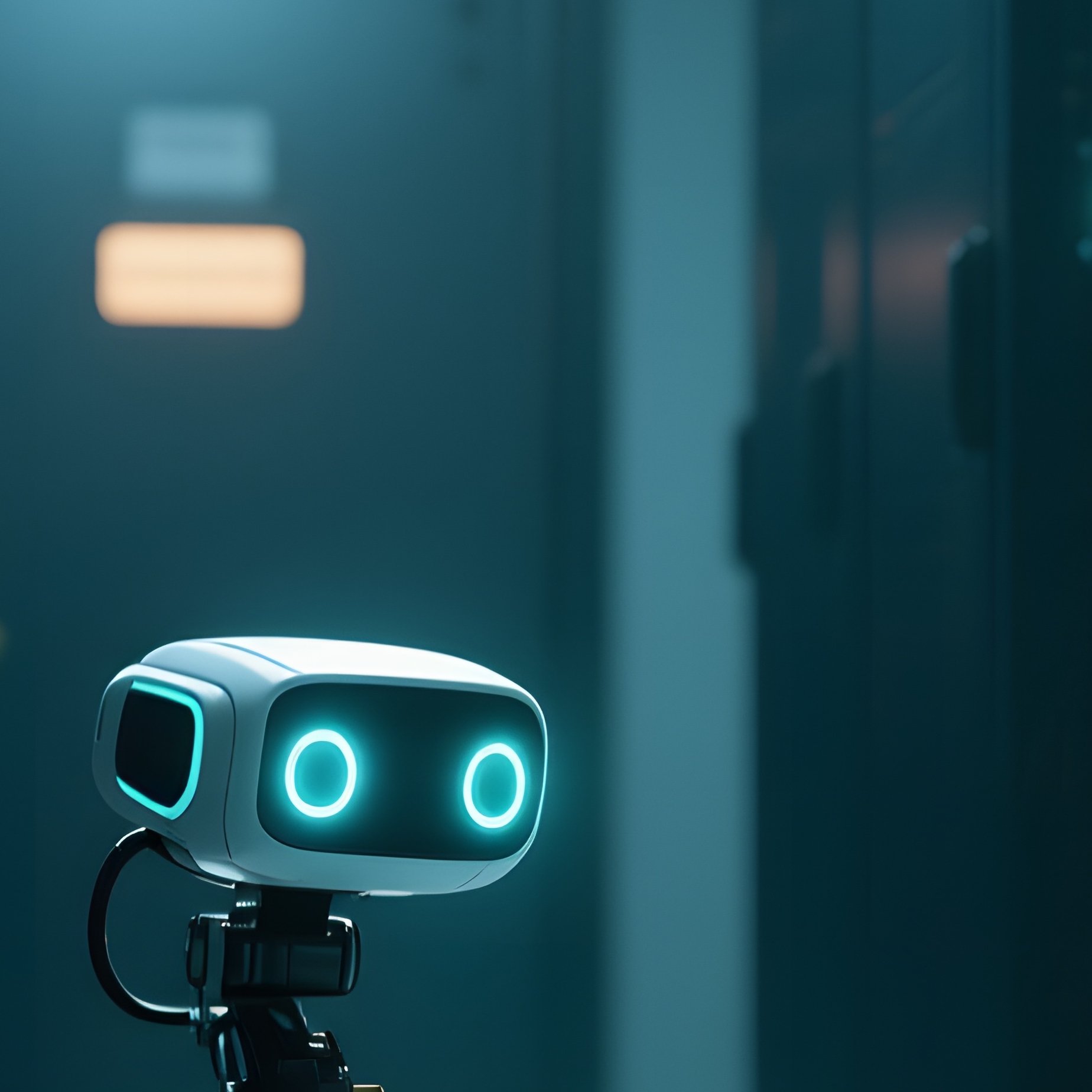 Under The Stark Illumination Of Emergency Lights During A Power Outage, A Compact Utility Robot - Full Resolution Quality Preview