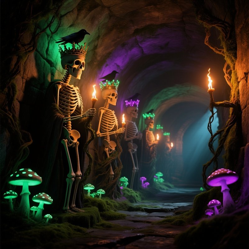Underground Catacomb Torchlight Skeletal Statues Vines Mushrooms