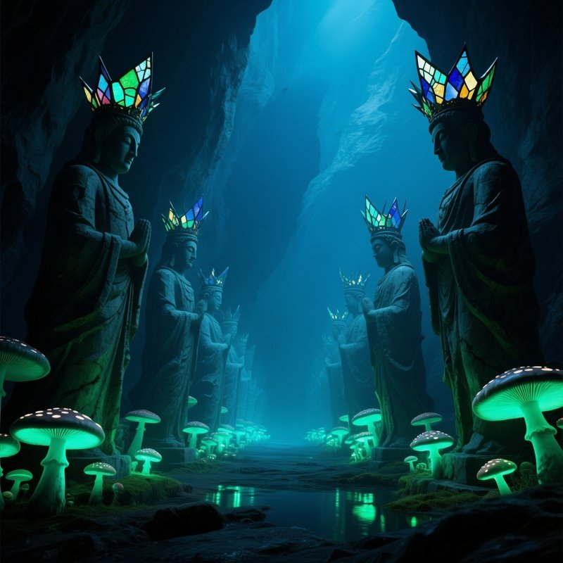 Underground Cavern Bioluminescent Fungi Statues