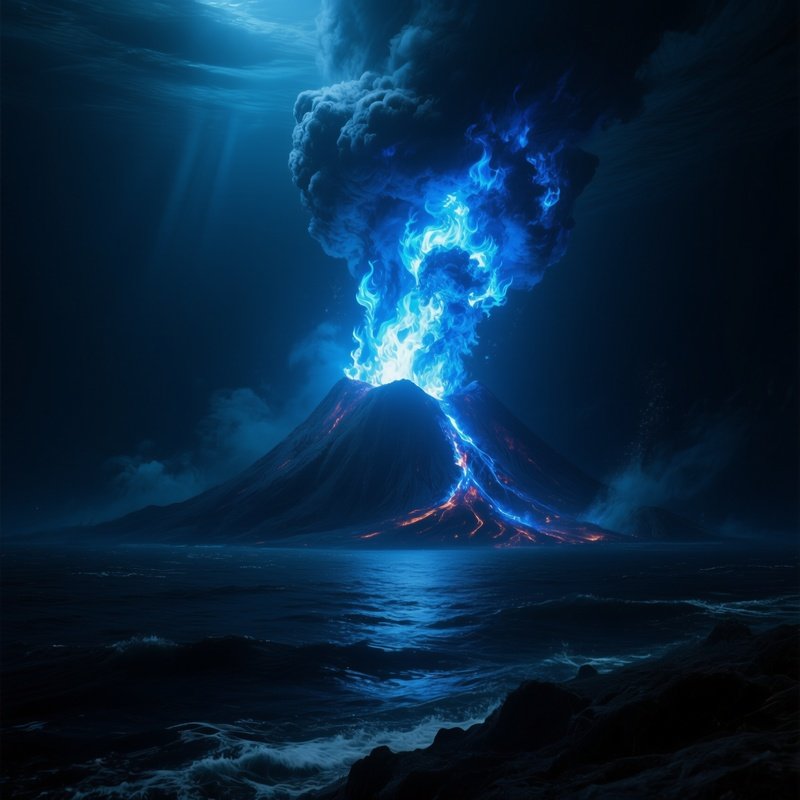 Undersea Volcano Blue Fire Dark Ocean