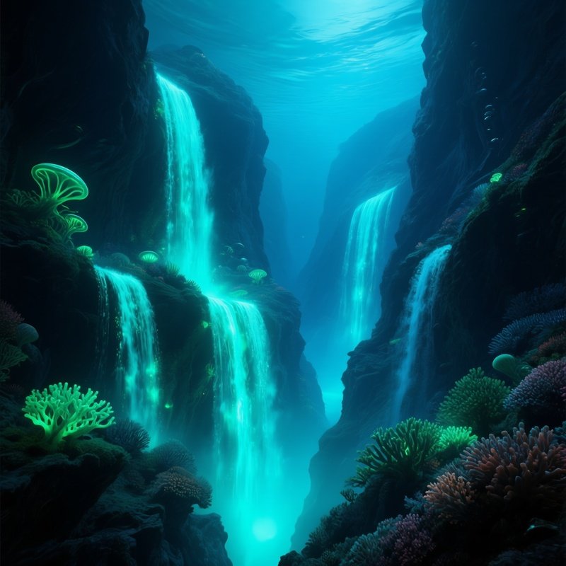 Underwater Canyon Light Waterfalls Science Fiction