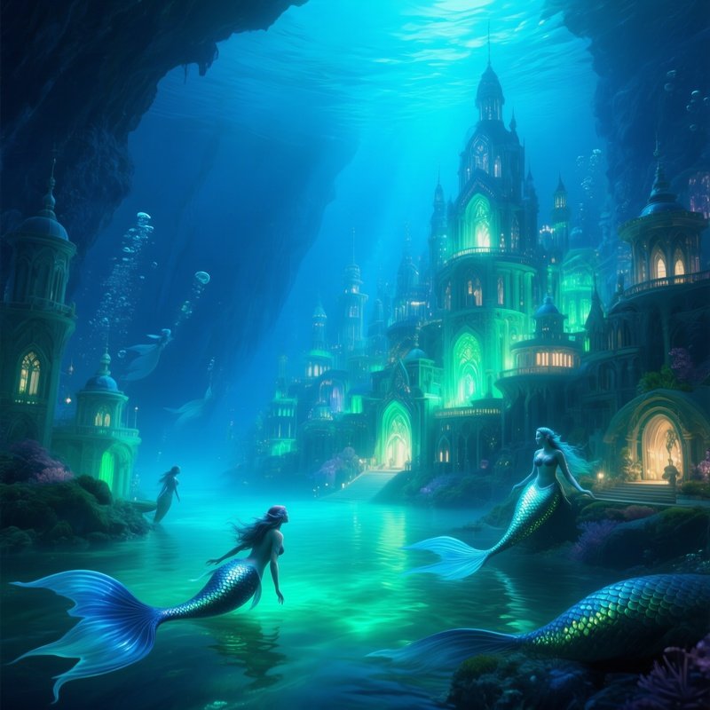 Underwater City Mermaid Glowing Abyss