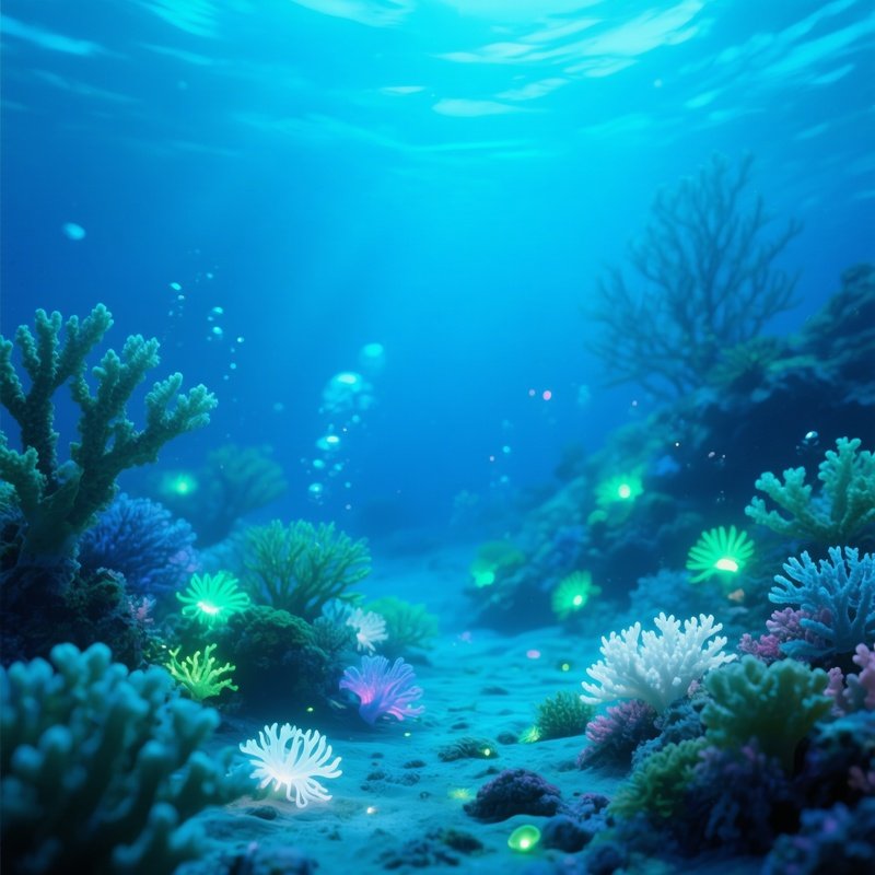 Underwater Coral Meadow With Tiny Glowing Creatures