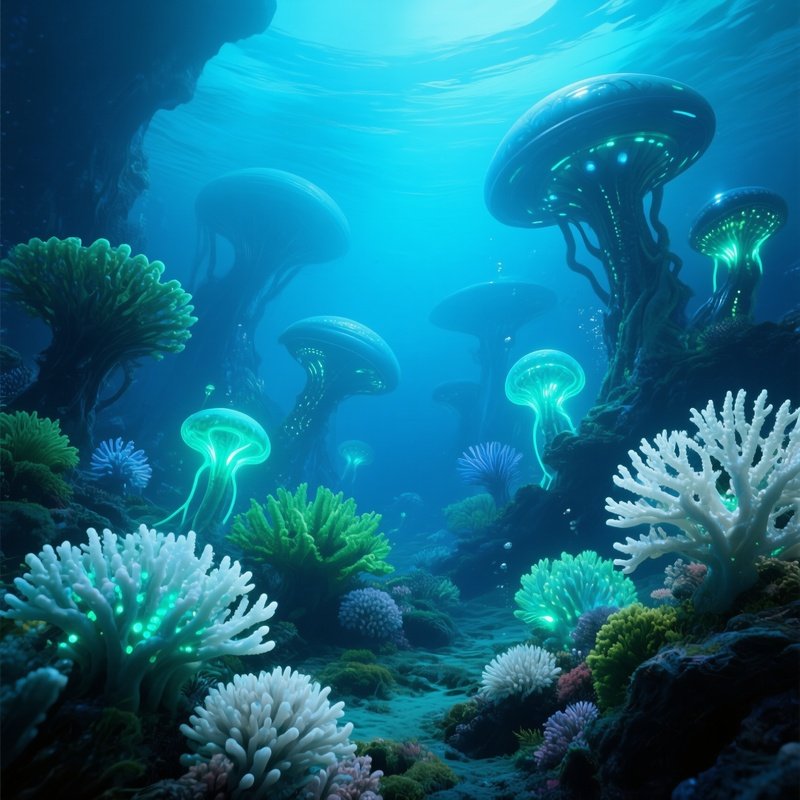 Underwater Coral Meadow With Tiny Glowing Creatures Science Fiction