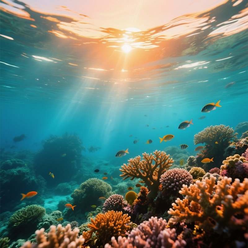 Underwater Coral Reef Sunset Orange Light